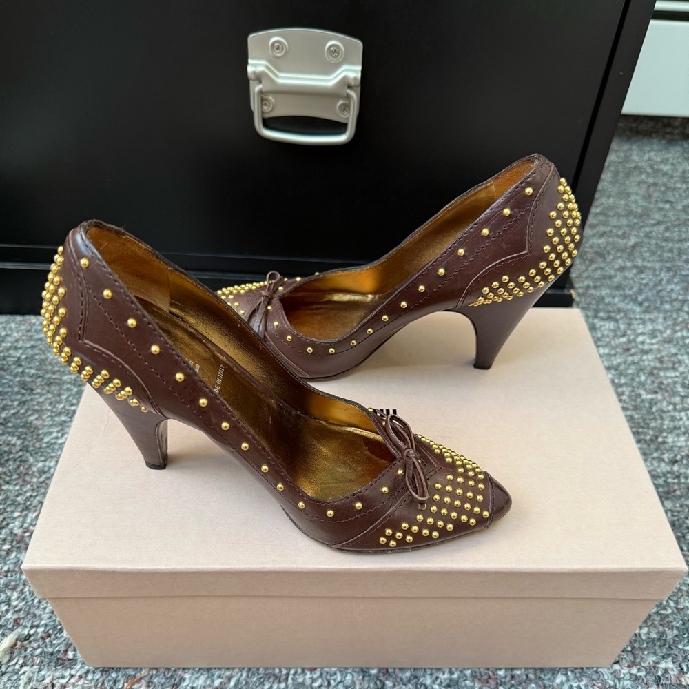 Miu Miu Brown Heels with Gold Studs